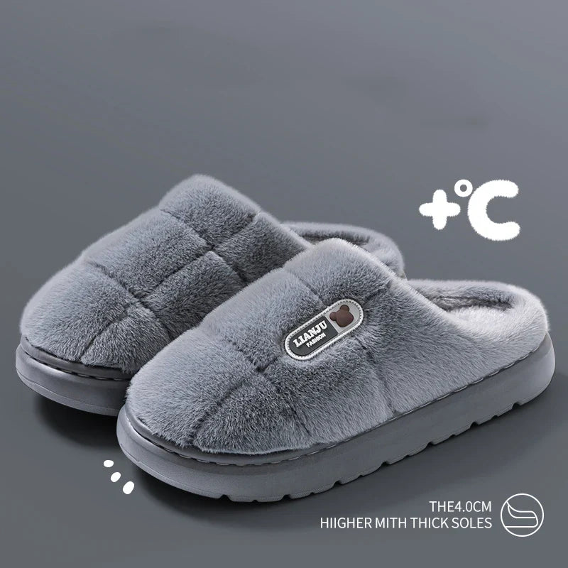 Large Size 50-51 Winter Slippers — Thick Sole Indoor Cotton Slippers for Men & Women, Warm Non-Slip Platform Shoes