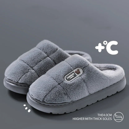 Large Size 50-51 Winter Slippers — Thick Sole Indoor Cotton Slippers for Men & Women, Warm Non-Slip Platform Shoes