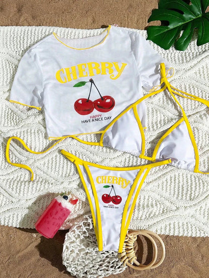 Women’s Cherry Print Halter Bikini Set – Sexy 3 Piece Dark Blue Beach Swimsuit 2026
