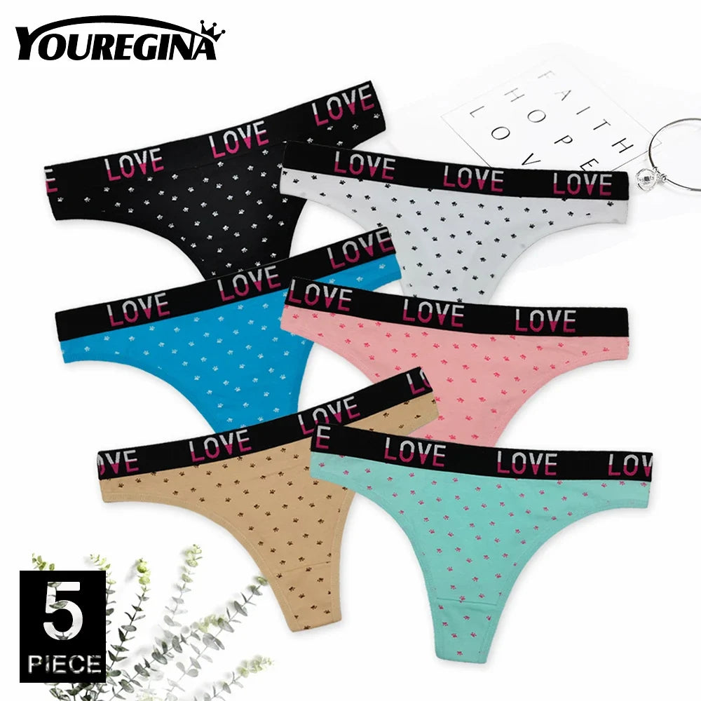 5 Pcs Women’s Cotton Thong Panties Set - Sexy Dot Star Print G-String Tanga Lingerie Intimate Underwear