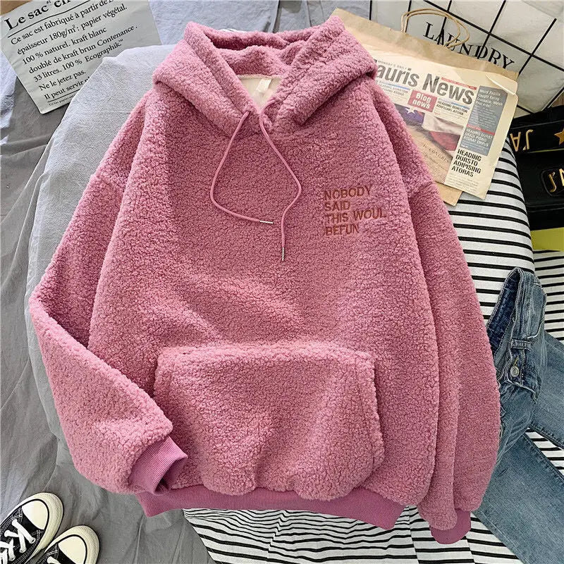 Women's Warm Fluffy Hoodie - Autumn Winter Lamb Wool Fleece Pullover Sweatshirt with Letter Print
