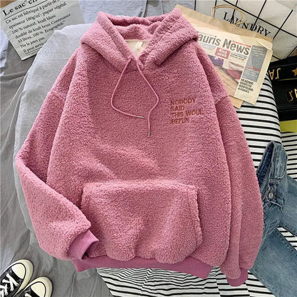 Women's Warm Fluffy Hoodie - Autumn Winter Lamb Wool Fleece Pullover Sweatshirt with Letter Print