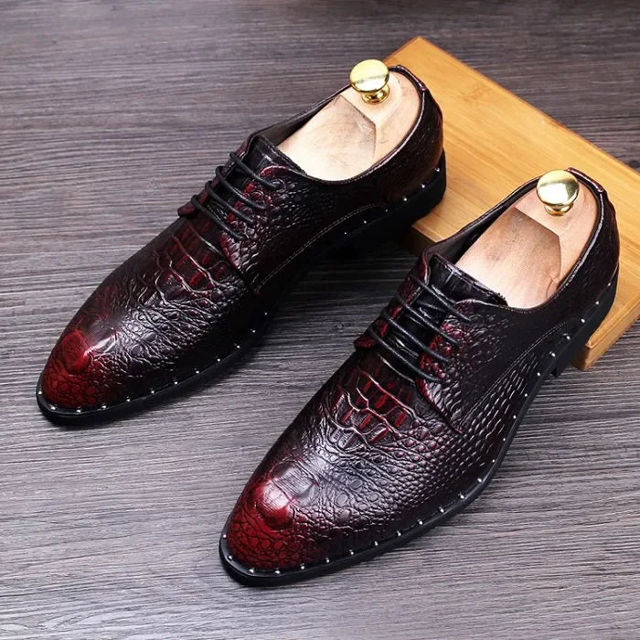Men’s Alligator Grain Leather Oxford Shoes - Pointed Toe Lace-Up Business & Casual Dress Shoes for Office and Formal Wear