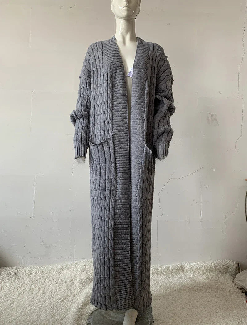 Women’s Long Knit Cardigan with Pockets – Vintage Full Sleeve Thick Autumn Winter Sweater Coat
