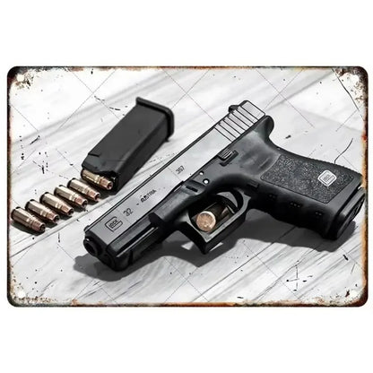 Pistol Metal Wall Sign - Military Style Decoration for Man Cave Home Cafe Bar Garden