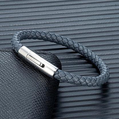 MKENDN Red Braided Leather Bracelet - 6mm Stainless Steel Button Unisex Couple Jewelry Gift Classic Simple Design