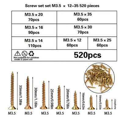 520-Piece Countersunk Self-Tapping Screws Set - M3.5 Colorful Phillips Head Screws for Home, Furniture & Industrial Use