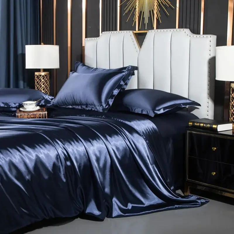 Nordic Silk Bedding Set With Duvet Cover - Luxury Solid Color Bed Sheet & Pillowcase Set For Single Double Couple Summer Bed Linen