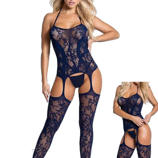 Sexy Jacquard Mesh Lingerie - Transparent Hollow Out Suspender One-Piece Bodysuit Suit