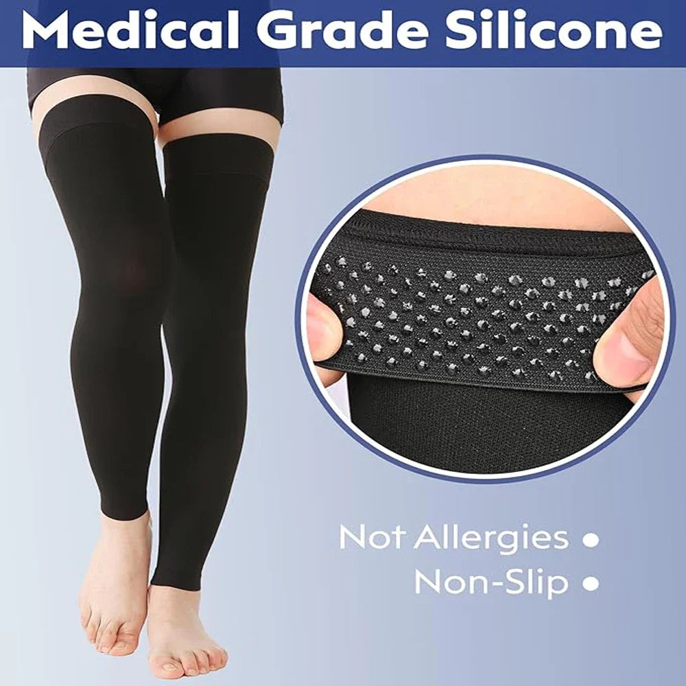 Thigh High Footless Compression Stockings for Men & Women – Silicone Grip Top Firm Support for Varicose Veins, Swelling & Improved Circulation