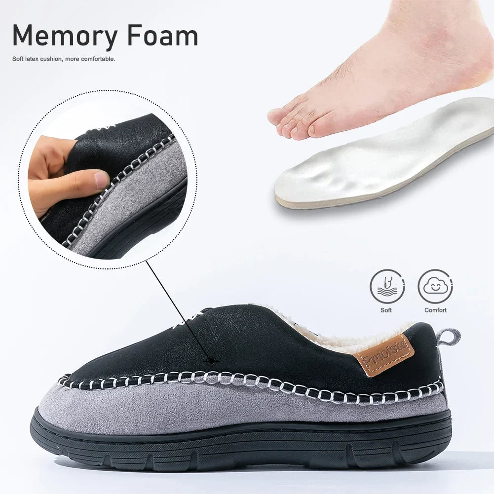 Men's Winter Slipper Boots - Furry Warm Indoor Shoes with Non-Slip PU Sole
