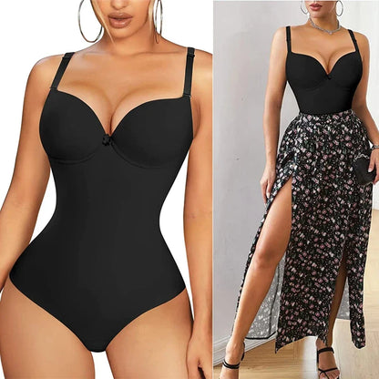 Women’s Slimming Shapewear Bodysuit - V Neck Waist Trainer Jumpsuit with Underwire Bra & Tummy Control Support