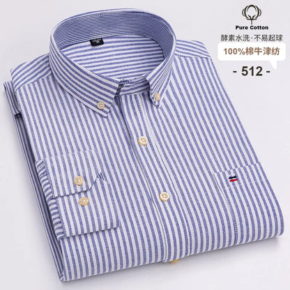 Men's 100% Cotton Oxford Plaid Shirt - Soft Regular Fit Long Sleeve Formal Dress Shirt with Pocket S-7XL