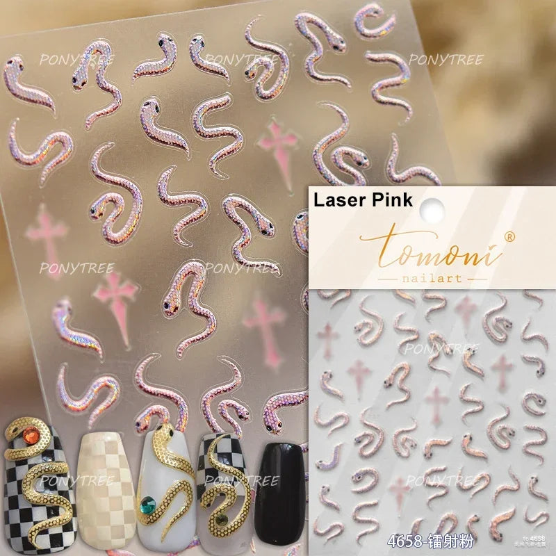 5D Gold Stamped Nail Art Stickers - Silver Sun Stars Snake Chinese Style Self-Adhesive Manicure Decals