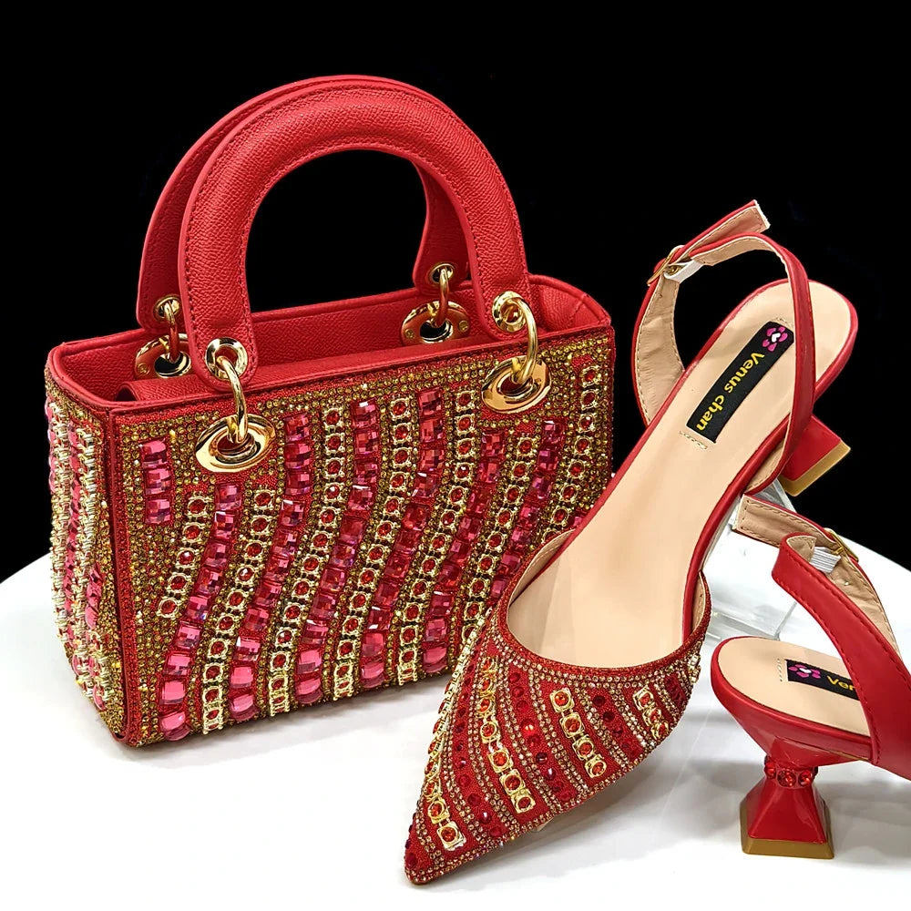 Women’s Fuchsia Rhinestone Shoe & Bag Set - Shiny Italian Style Pointed Toe High Heel Fashion Accessories