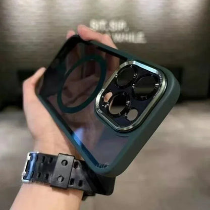 Luxury Magnetic Metal Lens Case – Hard Clear Protective Cover for iPhone 16, 15, 14, 13, 12, 11 Pro Max with Wireless Charging
