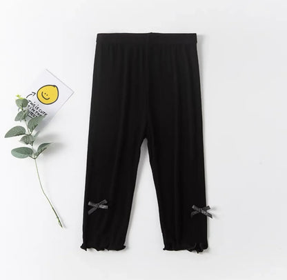 Girls Summer Bow Leggings - Solid Color Elastic Waist 7/8 Length Breathable Kids Pants 3-10Y