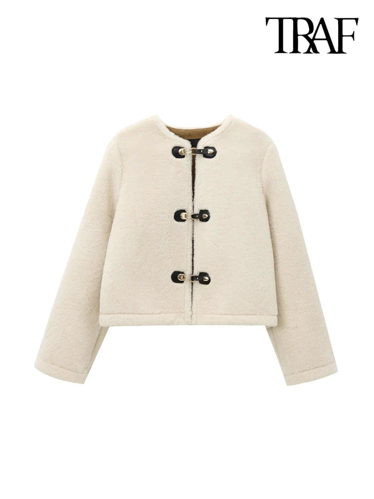 TRAF Women’s Thick Warm Faux Fur Jacket – Long Sleeve Coat with Front Toggle, Chic Fashion Outerwear