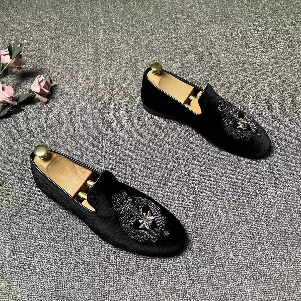 Men’s Luxury Embroidered Loafers - Black Wedding Tuxedo, Business & Formal Dress Shoes