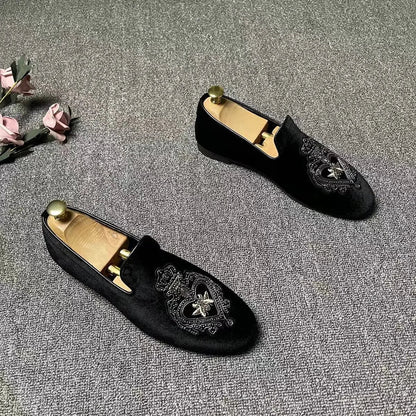 Men’s Luxury Embroidered Loafers - Black Wedding Tuxedo, Business & Formal Dress Shoes