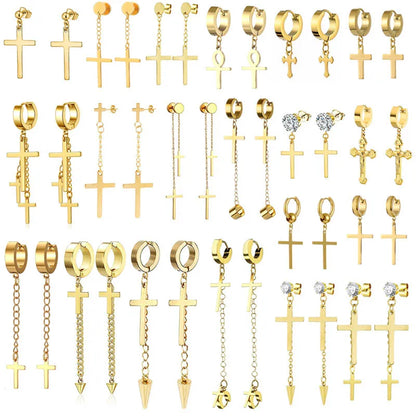 Gold Cross Huggie Hoop Earrings - Minimalist Dangle Charm Jewelry for Men & Women