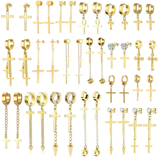 Gold Cross Huggie Hoop Earrings - Minimalist Dangle Charm Jewelry for Men & Women