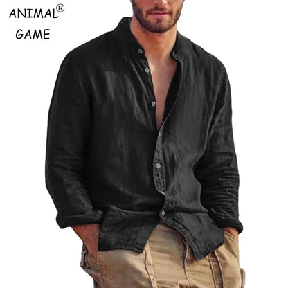 Men's Linen Stand Collar Shirt - Lightweight Breathable Long Sleeve Casual Shirt