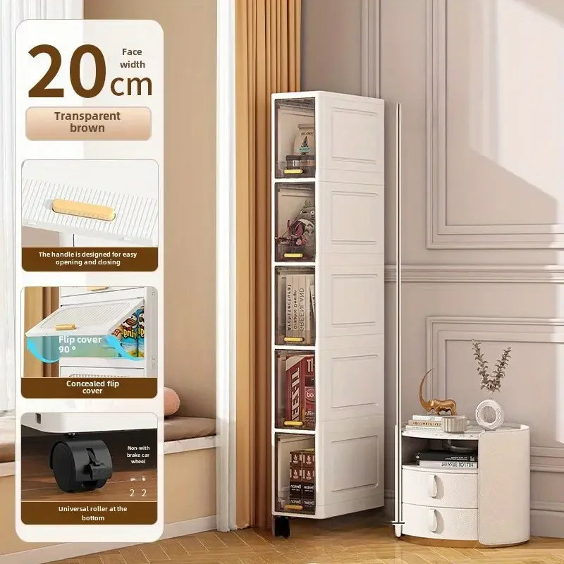 20cm Slim Storage Cabinet - 3/4/5 Tier Narrow Rolling Organizer Shelf with Wheels, Space Saving Multi-Purpose Storage Rack