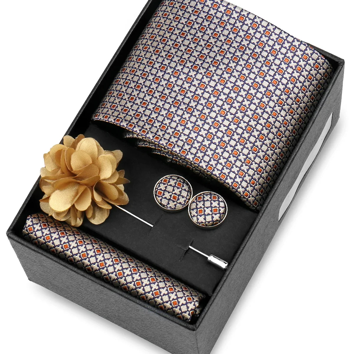 Elegant Men’s Necktie Gift Set - Fashion Tie with Handkerchief, Cufflinks & Brooch Pin Accessories for Business & Wedding