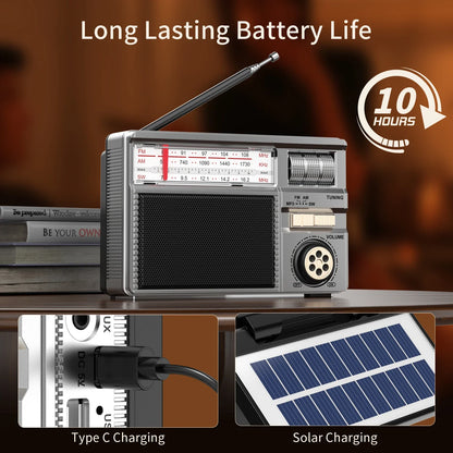 Retro All-Band Portable Radio – Wireless Audio, Solar & Multi-Mode Charging, Long Battery Life Outdoor Emergency Radio with Multiple Playback Modes