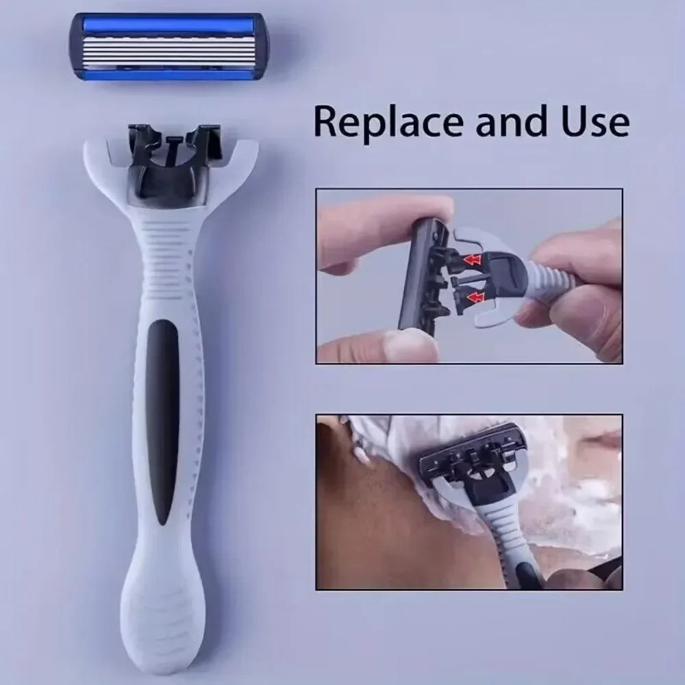 Men’s Manual Safety Razor - 6-Layer Stainless Steel Replaceable Blade Head for Smooth Grooming and Shaving