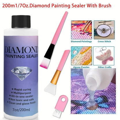 Diamond Painting Sealer Glue with Brushes — 60ML/120ML/200ML Permanent Hold & Shine Puzzle Coating Set