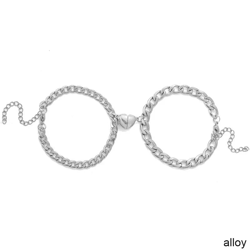 2-Piece Magnetic Couple Bracelet Set - Stainless Steel Heart Charm Cuban Chain Jewelry Gifts