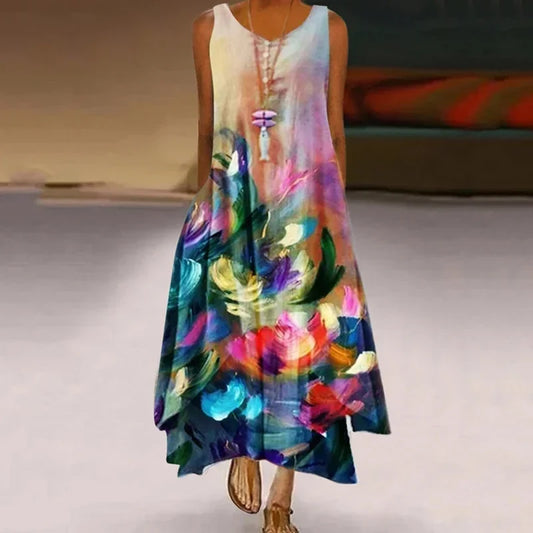 Women’s Dandelion Print Maxi Dress - Sleeveless Casual Summer Long Dress for Stylish Everyday Wear
