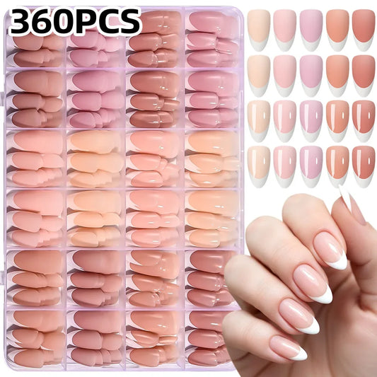 360Pcs Almond French Tip Press On Nails - Glossy Matte Full Cover White Edge False Nail Tips for Women DIY Manicure