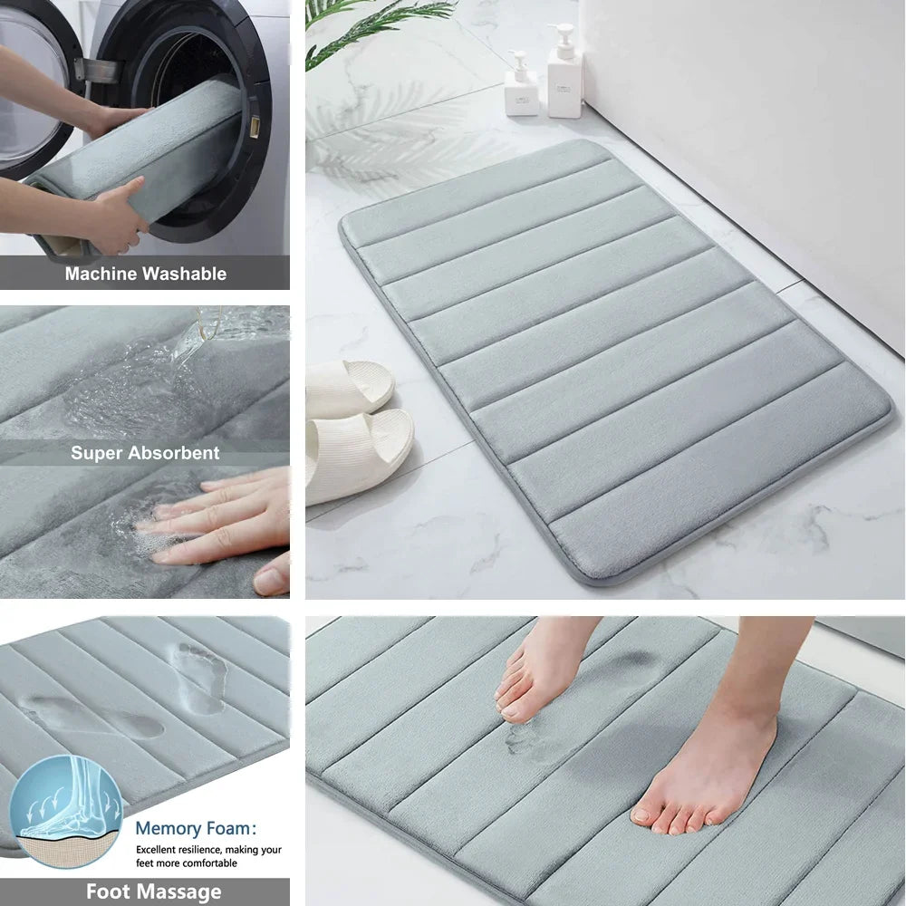 Non-Slip Grey Memory Foam Bath Mat Set – Soft, Water Absorbent, Quick-Drying, Machine Washable Bathroom Rugs for Home Floor