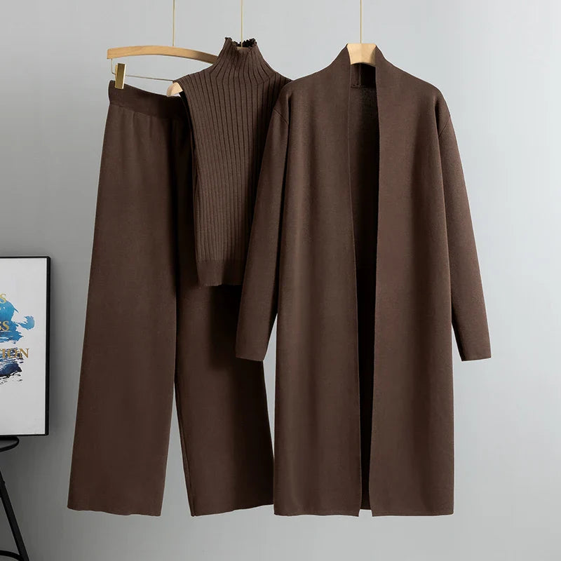 2025 Women’s 3-Piece Knitted Set – Elegant Winter & Autumn Cardigan, Sweater, and Wide-Leg Pants