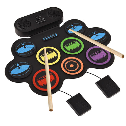 9 Pad Electronic Roll Drum Set - Portable DTX Gaming Drum Kit with Bluetooth Dual Speakers, 7 Styles, 6 Rhythms & Demo Songs
