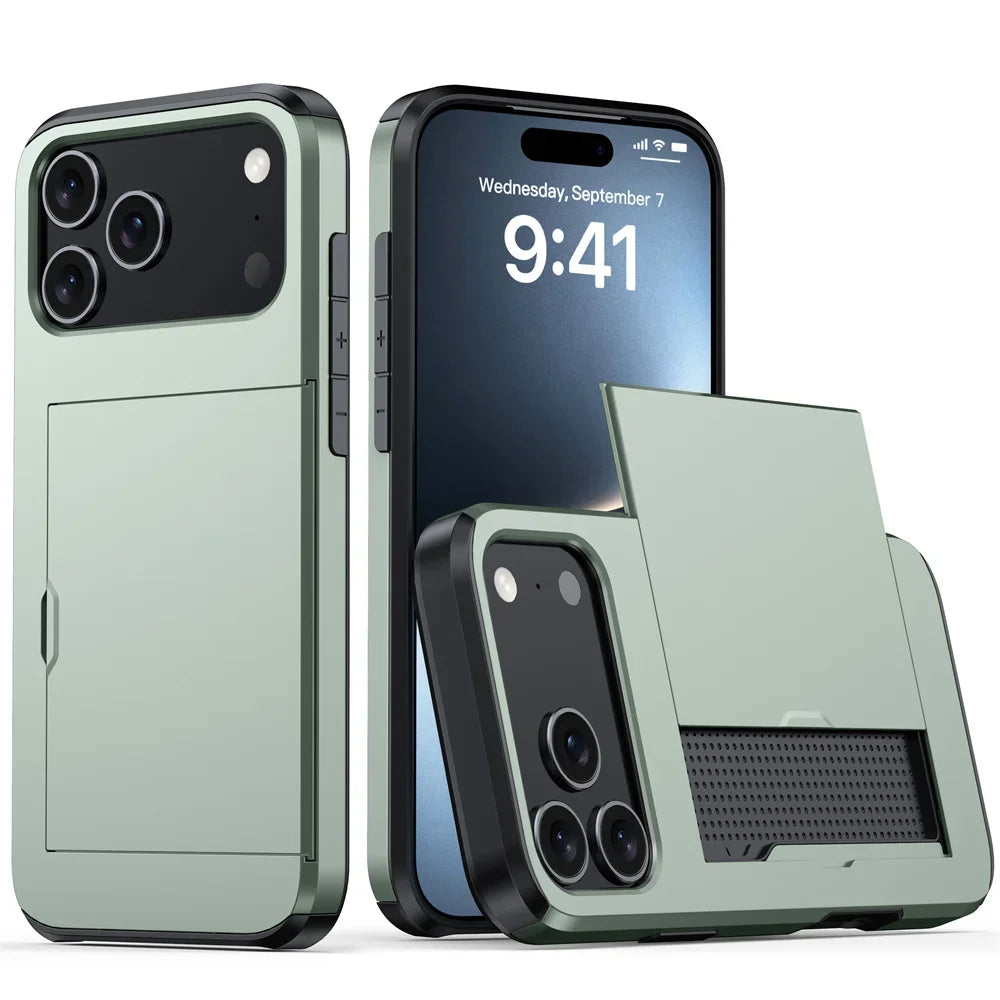 iPhone Case with Wallet & Card Holder — Shockproof Protective Cover for iPhone 17, 16, 15, 14, 13, 12, 11 Pro Max & Mini Models