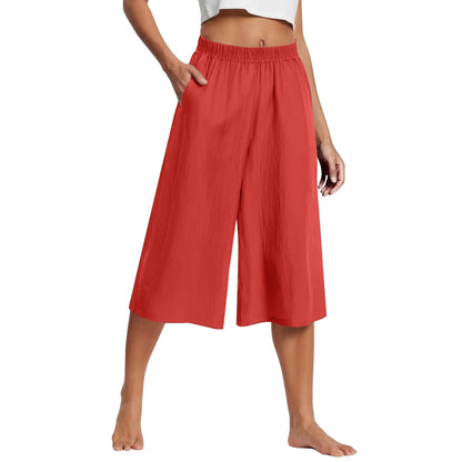 Women’s Casual Wide-Leg Pants – Lazy Style High-Waist Cropped Capris with Pockets, Lightweight & Loose Fit