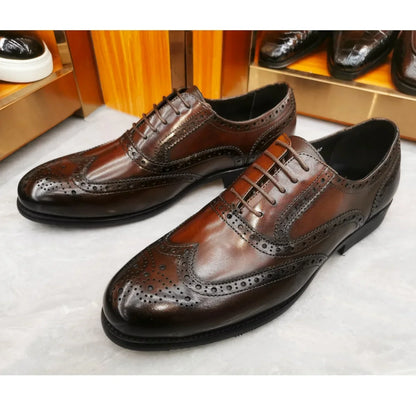 Men’s Genuine Leather Wingtip Oxford Shoes - Luxury Brogue Lace-Up Black and Brown Business Wedding Dress Shoes
