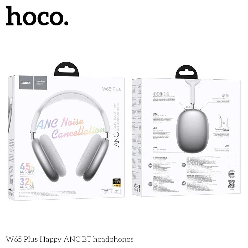 HOCO W65 Plus ANC Bluetooth Headphones – Over-Ear Wireless HiFi Sport Headset with Noise Reduction & Control Button