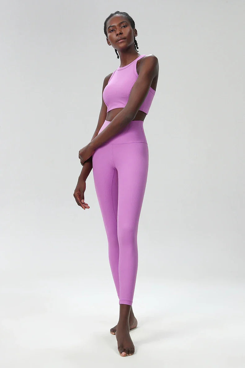 3PCS Women’s Fitness Yoga Set – Solid Color Ribbed Long Sleeve Top & High Waist Leggings, Breathable Workout Sportswear