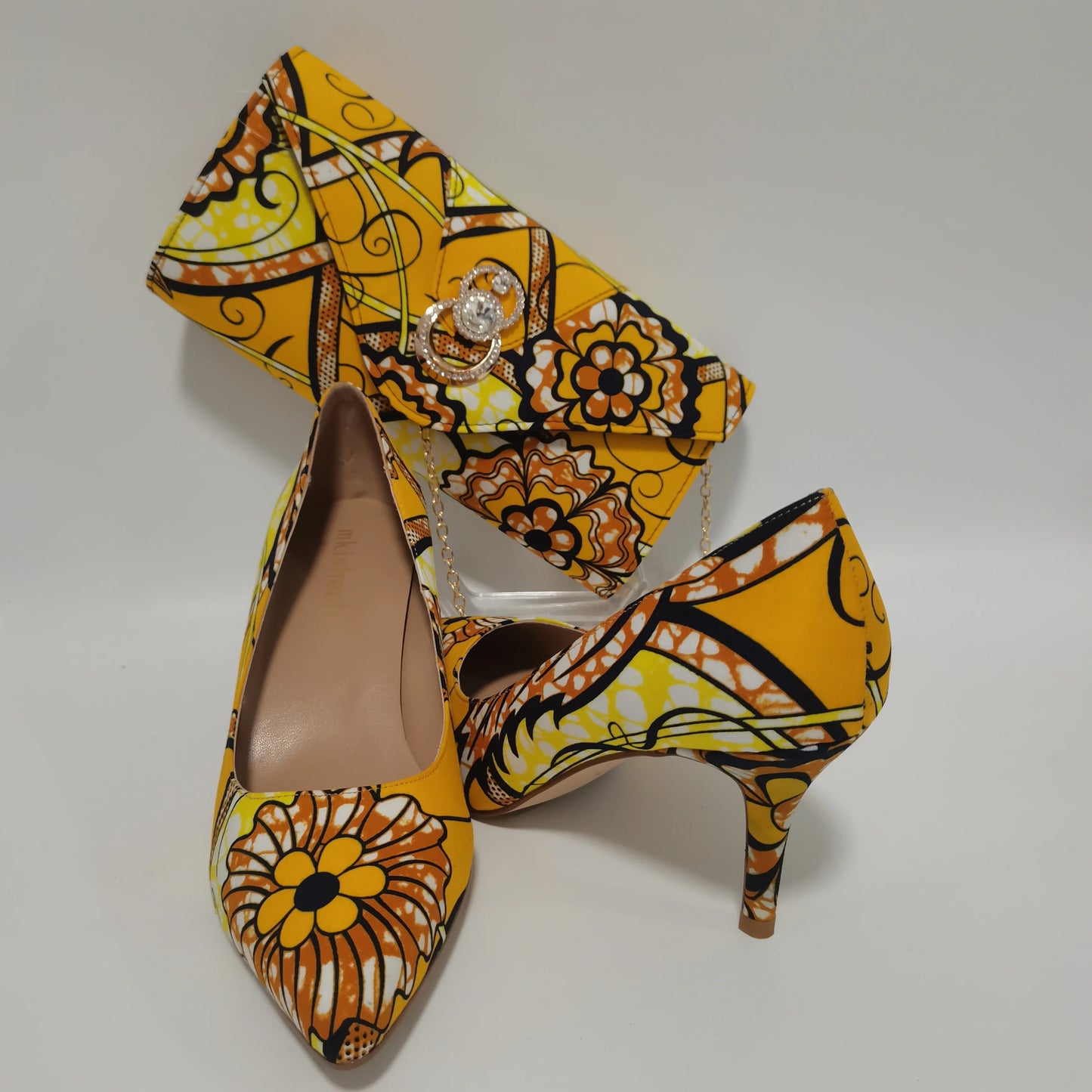 African Ankara Women’s Block Heel Shoes & Purse Set - Nigerian-Inspired Pointed Toe Fashion Accessories