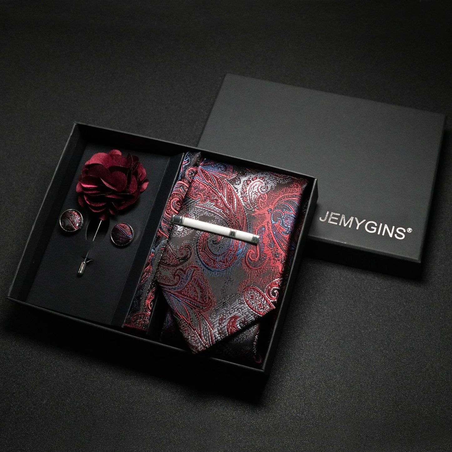 Wine Red Paisley Silk Tie Set for Men - Luxury Wedding Neck Tie with Pocket Square & Cufflinks Gift Box Accessories
