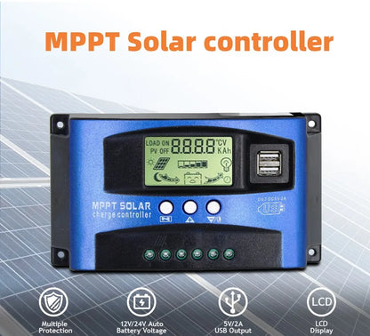 Solar Charge Controller 12V/24V PWM MPPT - LCD Display Battery Regulator with Timer Settings (10A–100A)