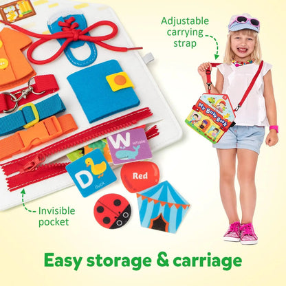 Montessori Toddler Busy Board – Dinosaur Dress-Up Sensory Toy for Learning Life Skills & Travel Backpack