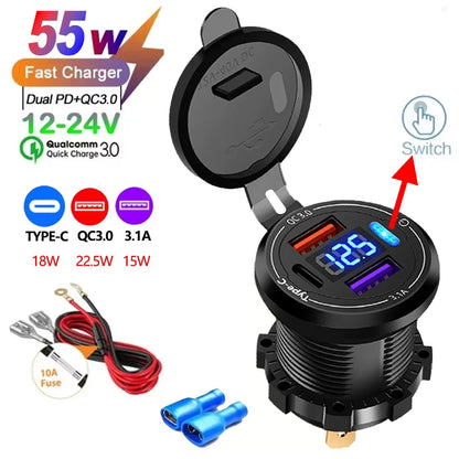 USB Car Charger 12/24V - Dual Socket PD3.0 & QC3.0 Fast Charging Station with LED Voltmeter Switch