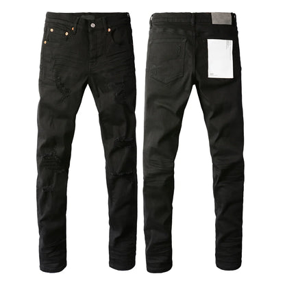 2025 Men’s High Street Ripped Skinny Jeans — Low Rise Blue Distressed Denim Fashion Repair Trousers 9003