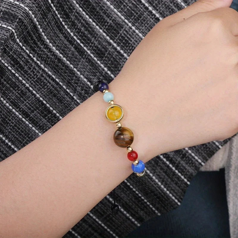 Cosmic Solar System Bracelet – Natural Stone & Resin Planet Bead Adjustable Bangle for Women & Men Galaxy Jewelry